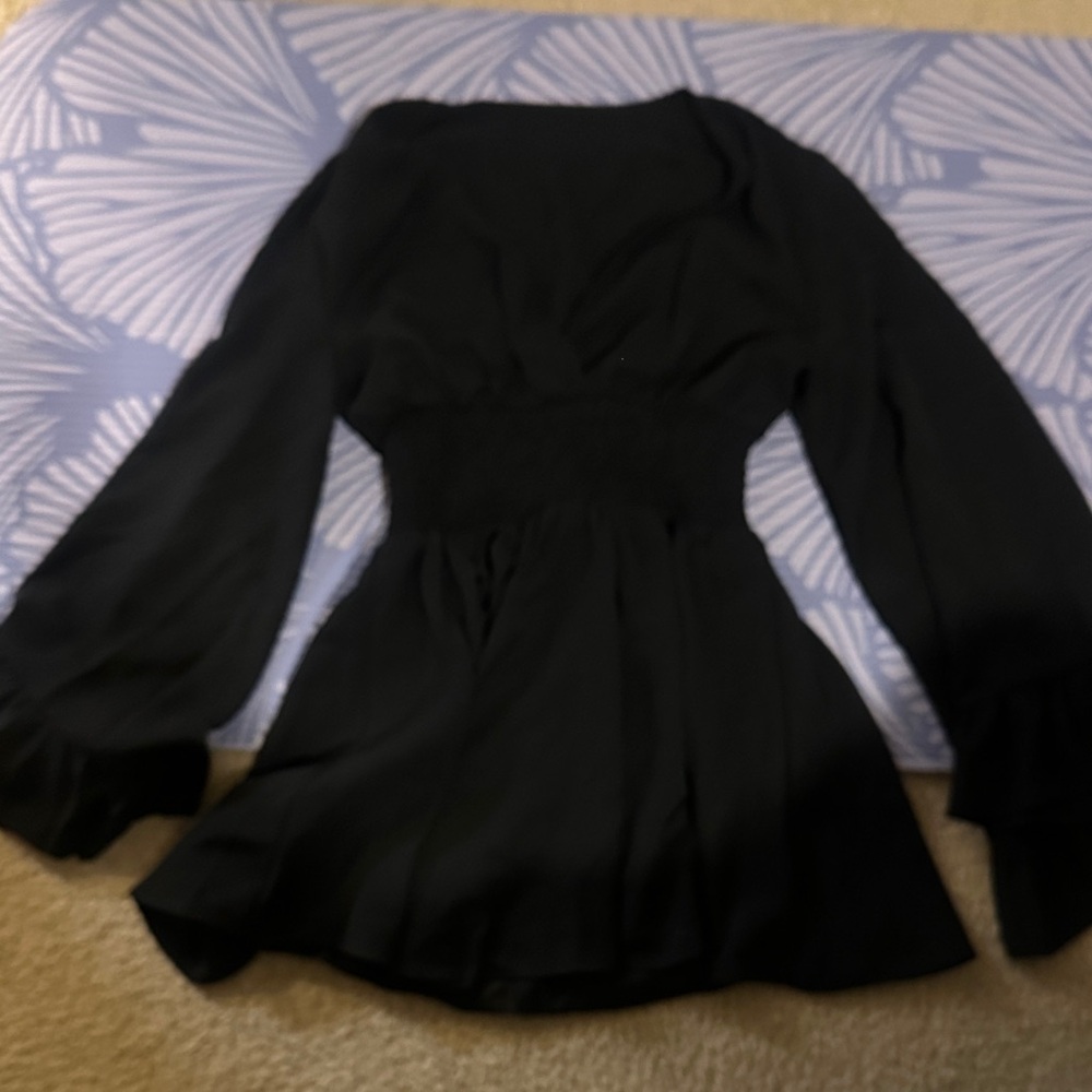 Black Long Sleeve Smocked Waist Blouse